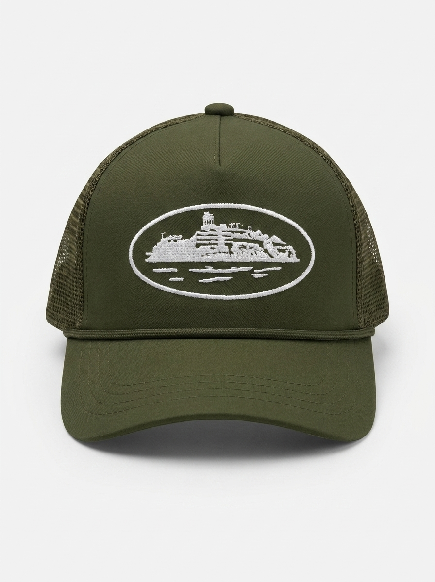 Corteiz Alcatraz Olive Green Embroidered Trucker Hat