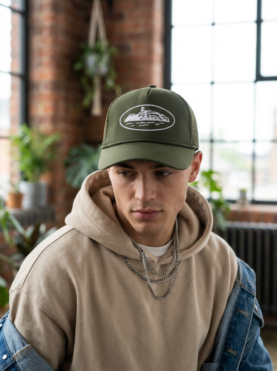 Corteiz Alcatraz Olive Green Embroidered Trucker Hat