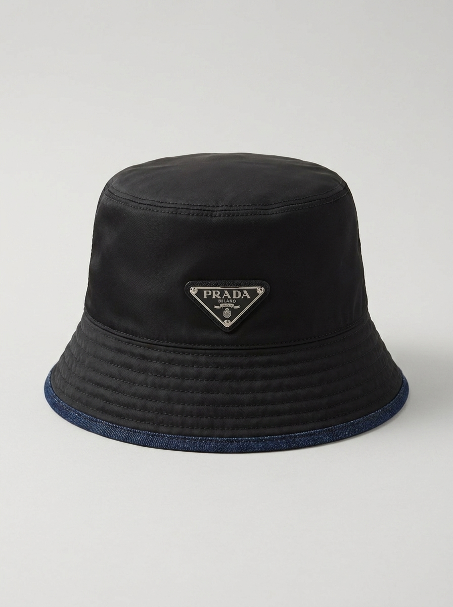 Black Nylon Bucket Hat with Denim Edge