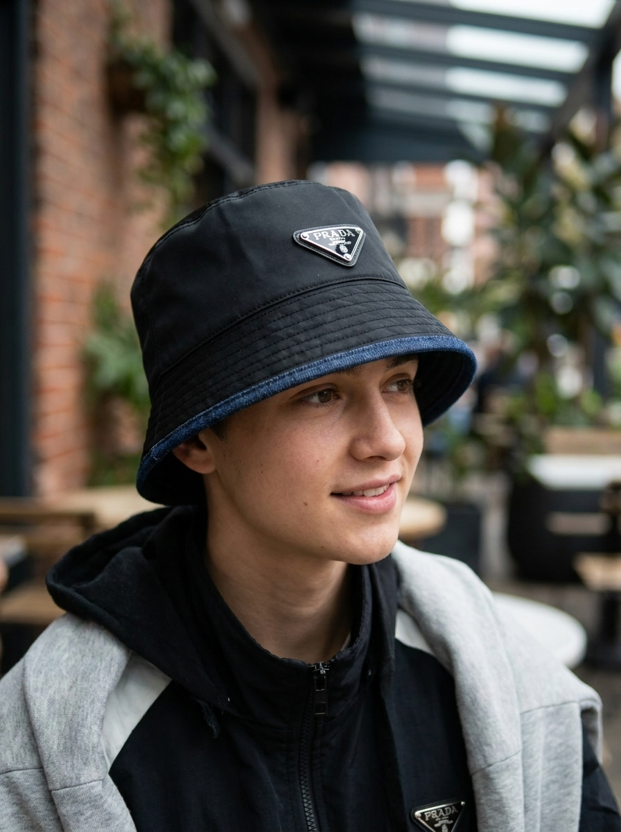 Black Nylon Bucket Hat with Denim Edge