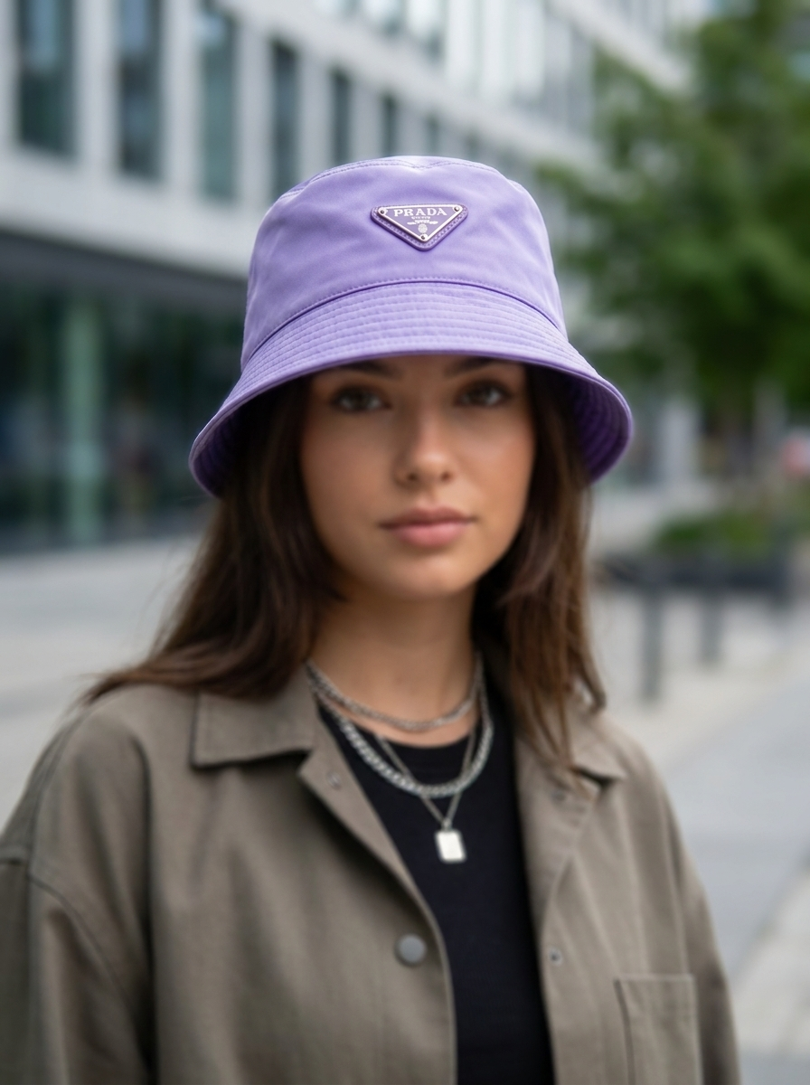 Premium Purple Nylon Metal Triangle Detail Bucket Hat