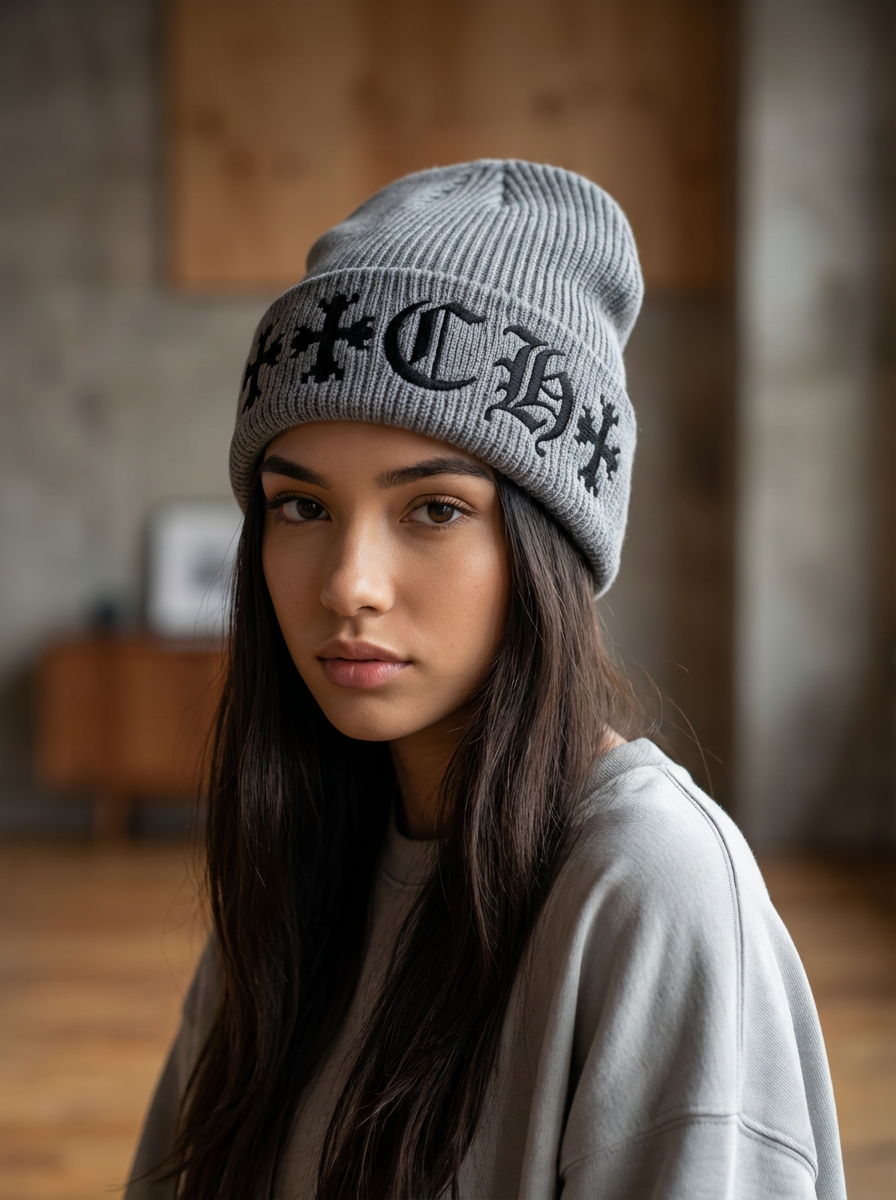 Grey Ribbed Knit Cross Logo Beanie - Winter Headwear