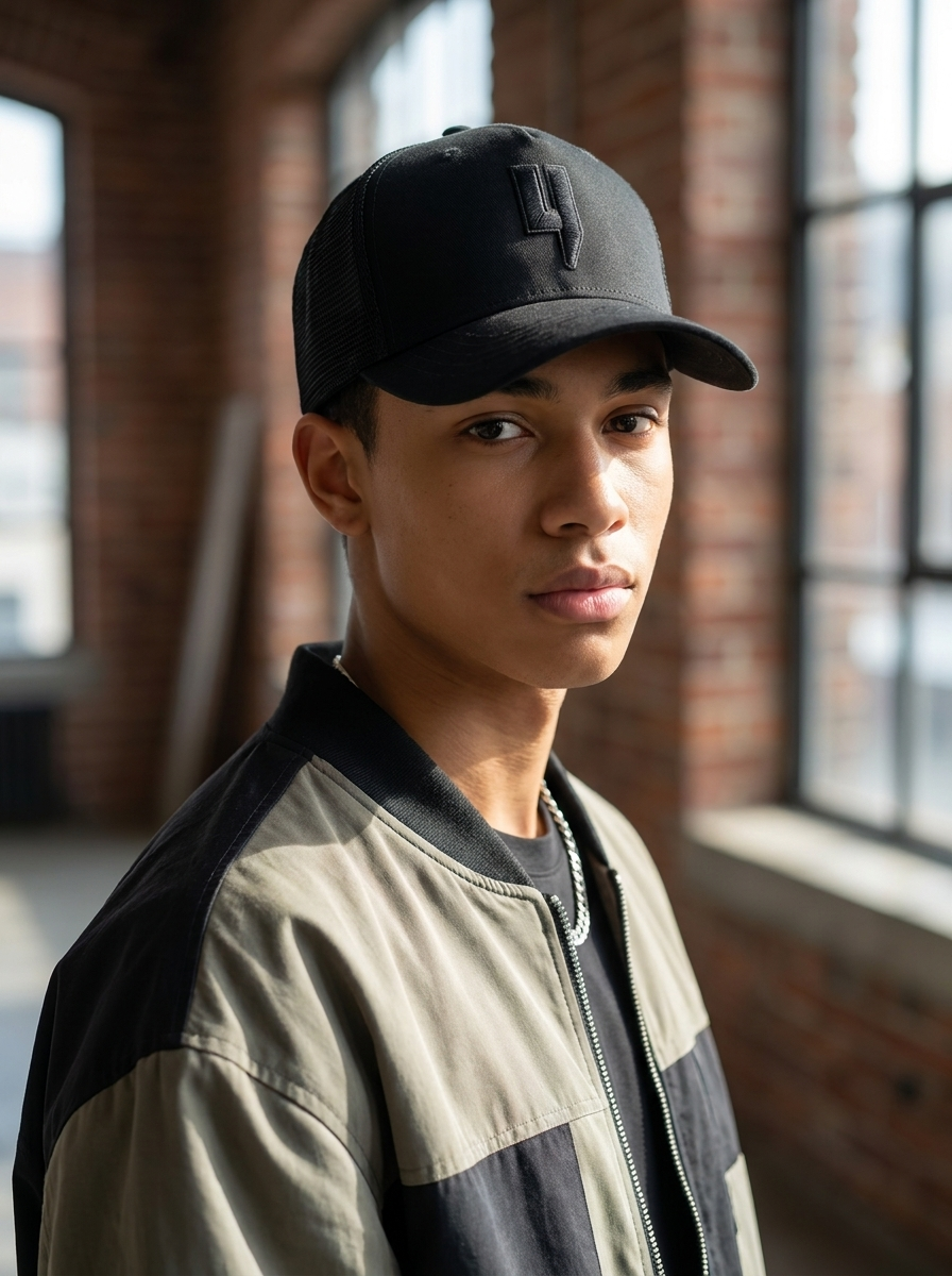 Signature "4" Black Monogram Breathable Trucker Cap