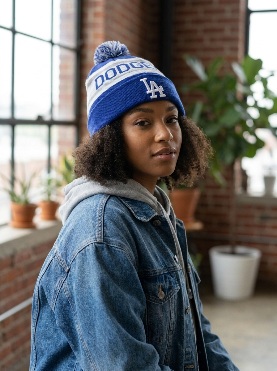 New Era LA Dodgers Blue & White Pom Beanie