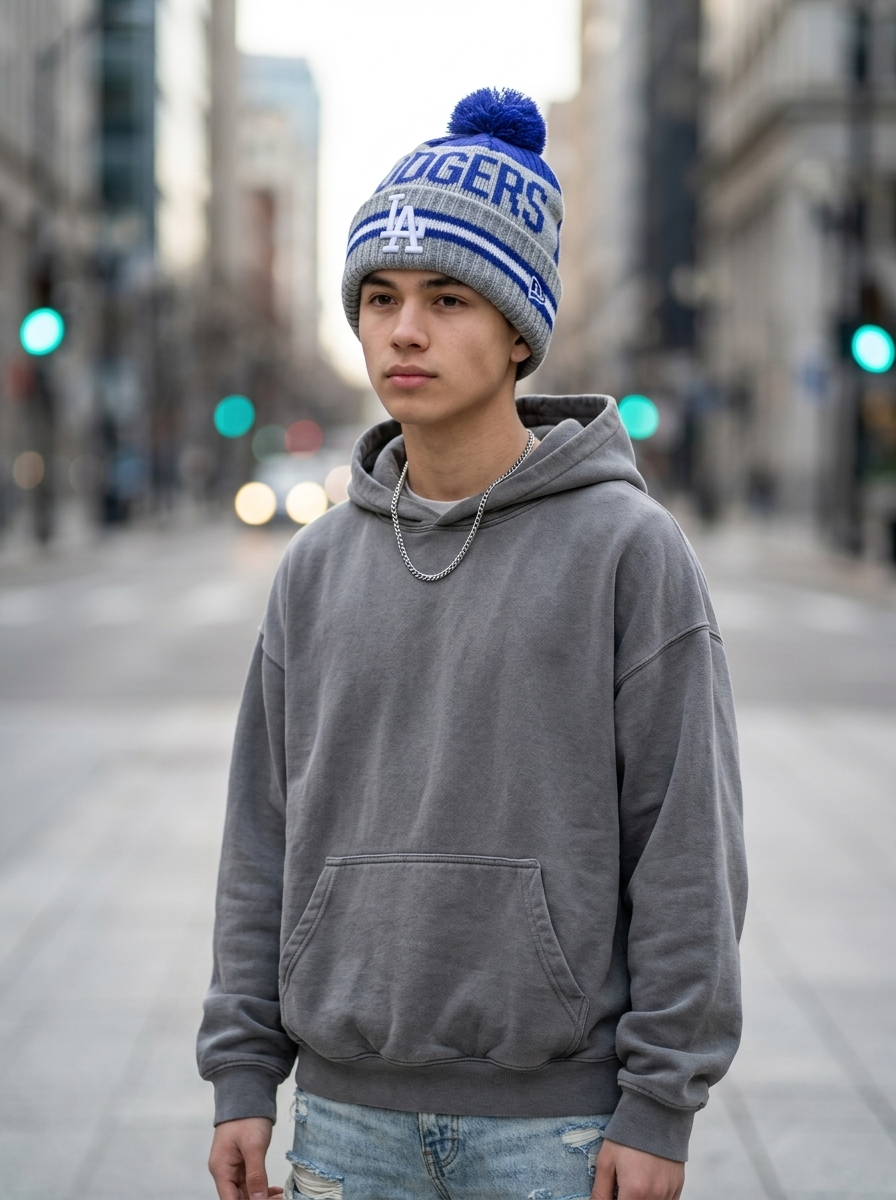 New Era Los Angeles Dodgers Blue & Grey Pom Beanie