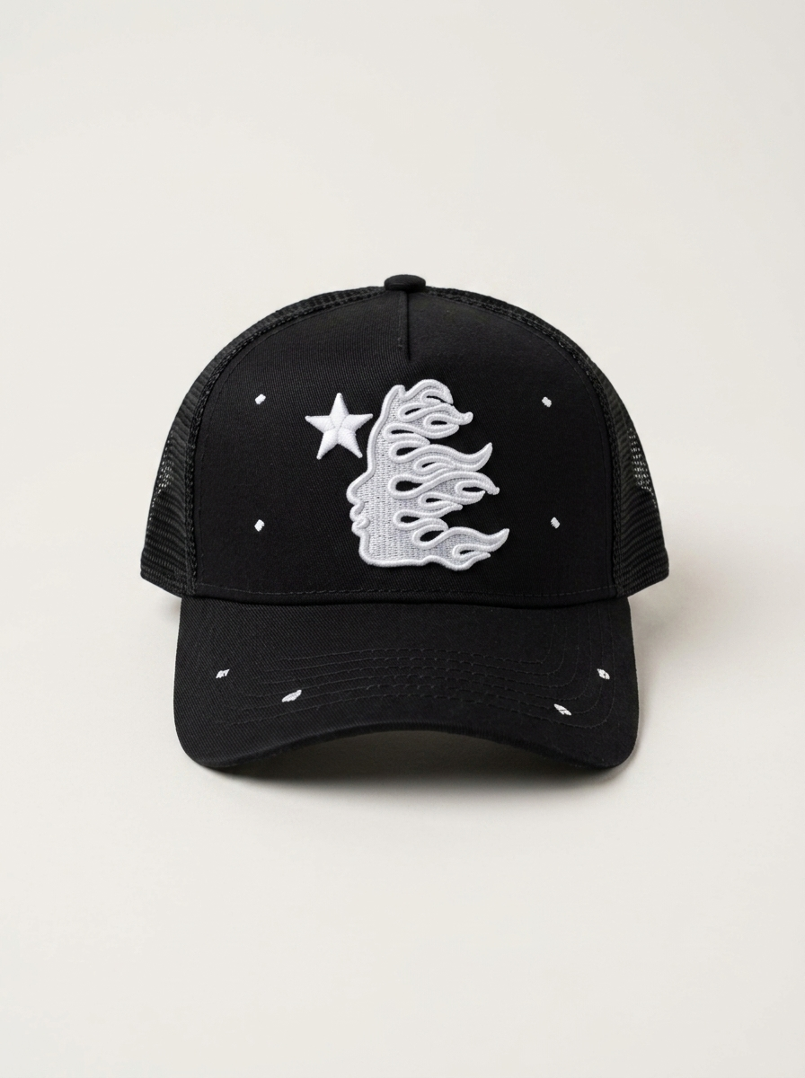 Celestial Flame Embroidered Black Trucker Hat