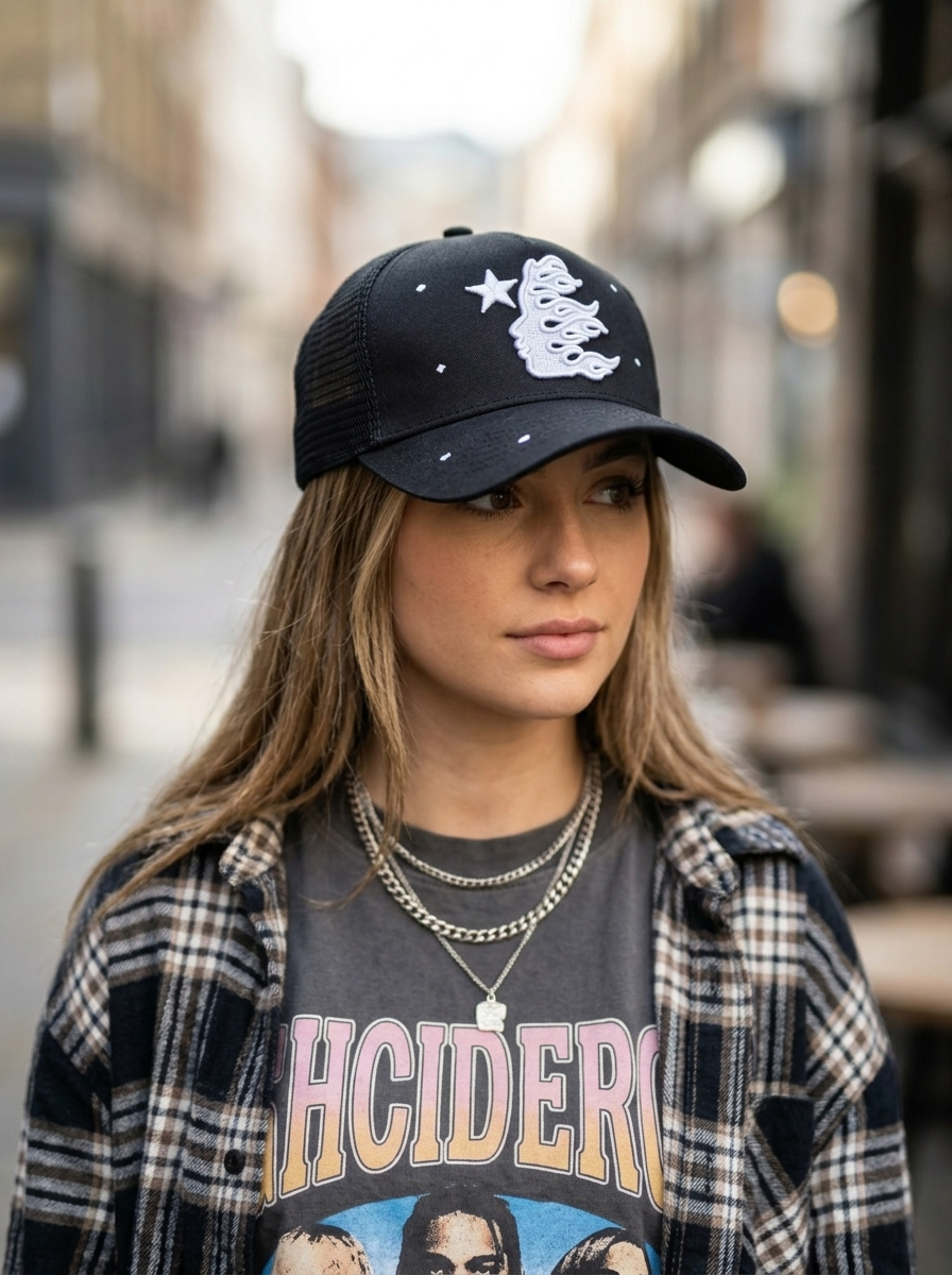 Celestial Flame Embroidered Black Trucker Hat