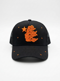 Black Trucker Hat with Orange Flame Logo