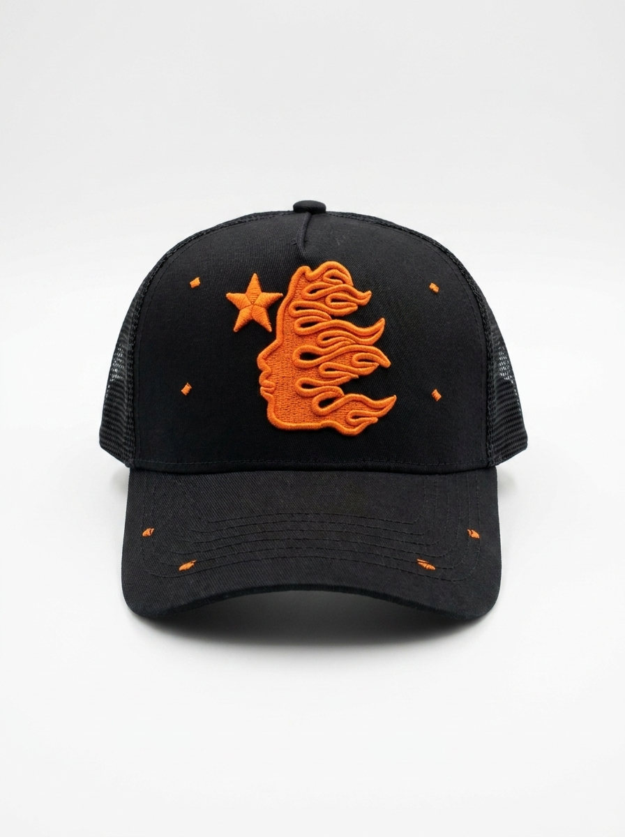 Black Trucker Hat with Orange Flame Logo