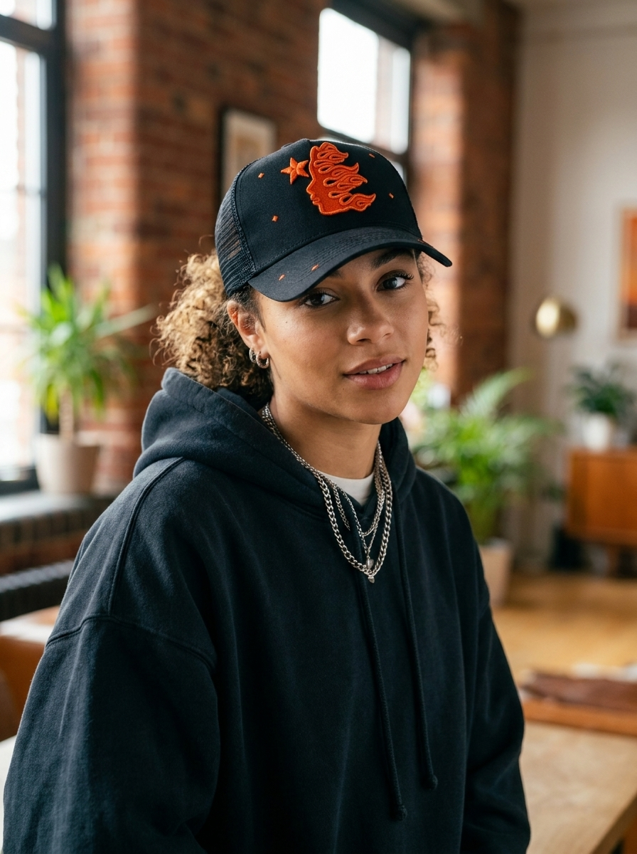 Black Trucker Hat with Orange Flame Logo