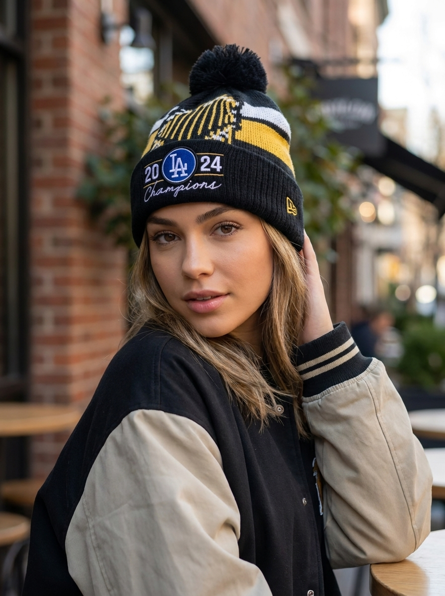 New Era Black LA Dodgers 2024 Champions Knit Pom Beanie