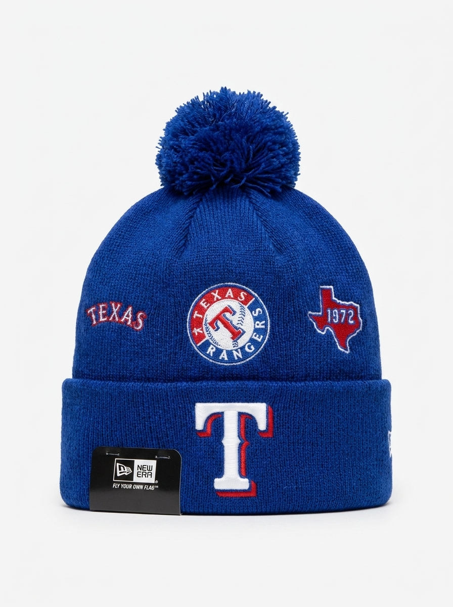 New Era Texas Rangers Blue Pom Knit Beanie
