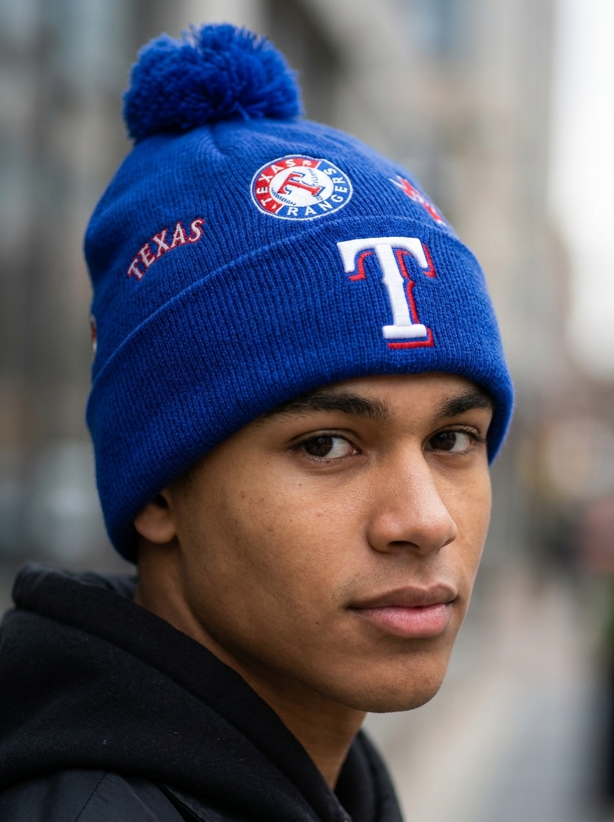 New Era Texas Rangers Blue Pom Knit Beanie