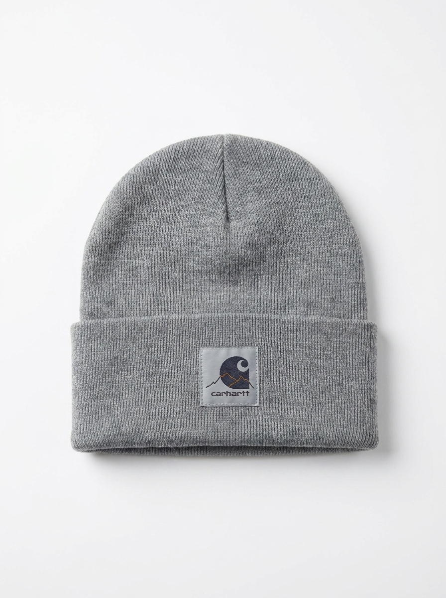 Carhartt Grey Cuffed Knit Beanie with Graphic Logo