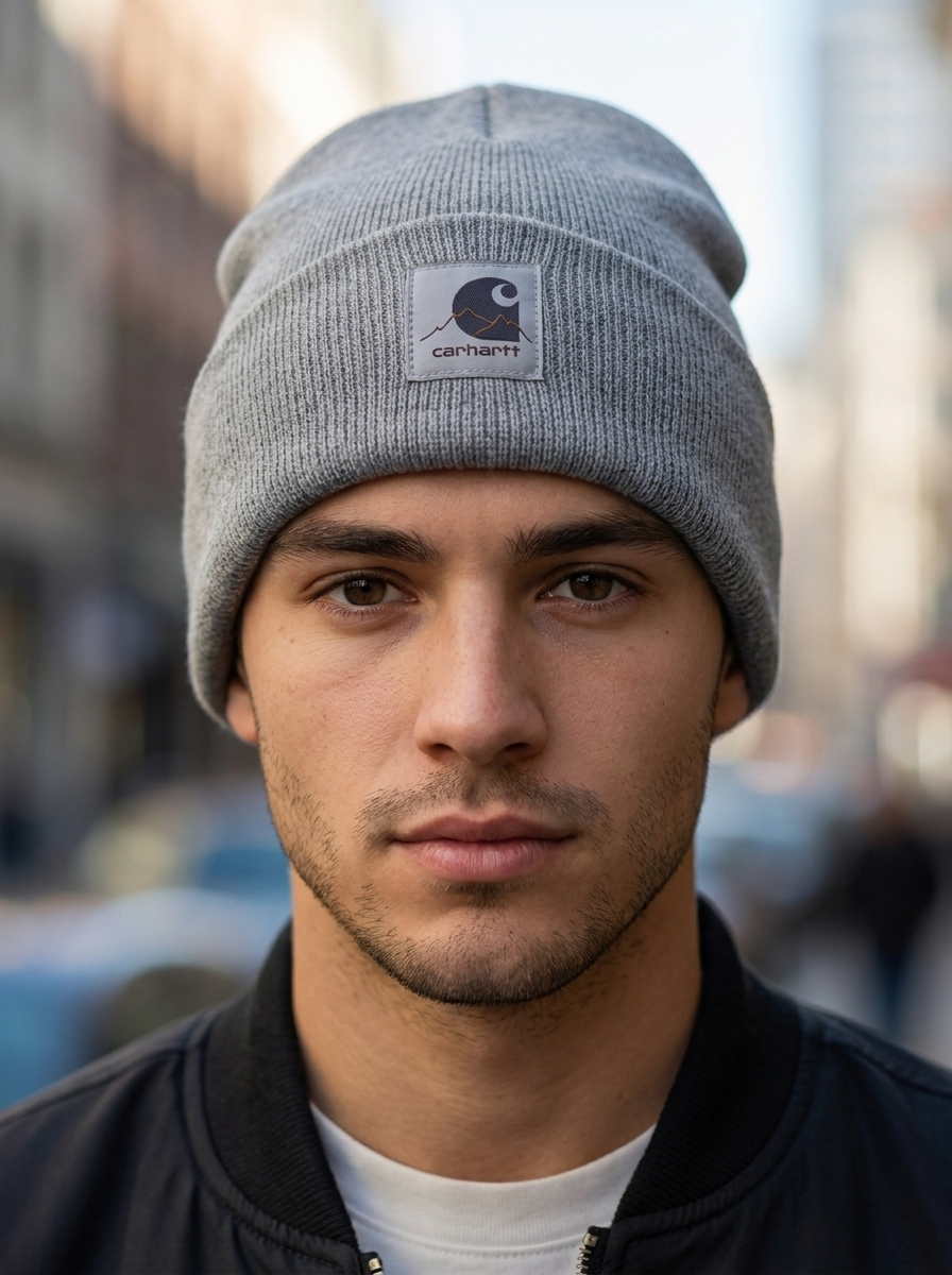 Carhartt Grey Cuffed Knit Beanie with Graphic Logo