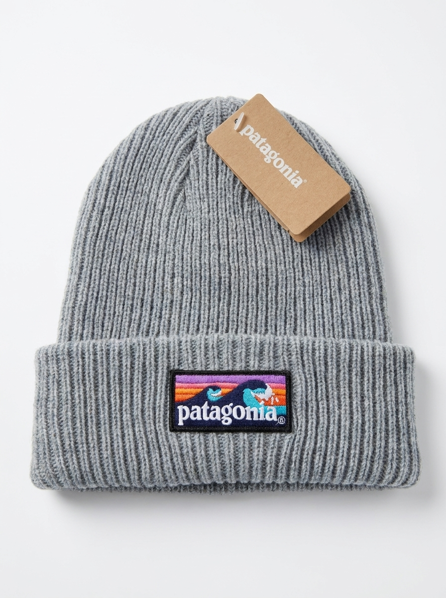 Patagonia Grey Wave Logo Ribbed Beanie
