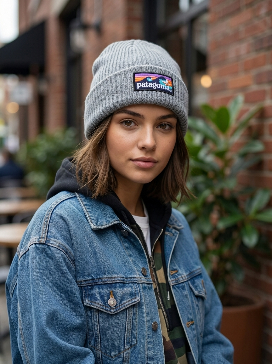 Patagonia Grey Wave Logo Ribbed Beanie