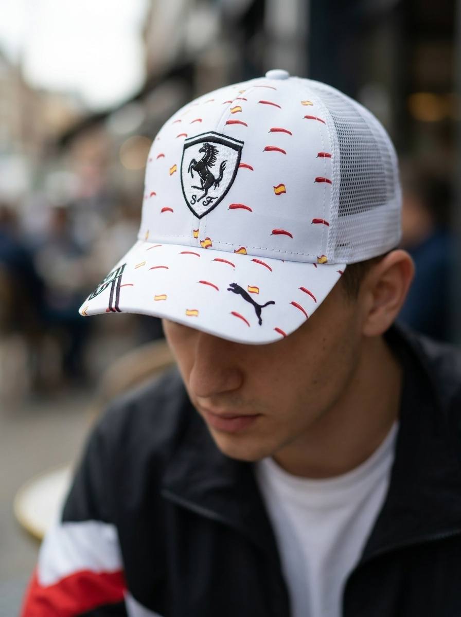 Puma Ferrari Carlos Sainz White Mesh Chili Print Trucker Cap