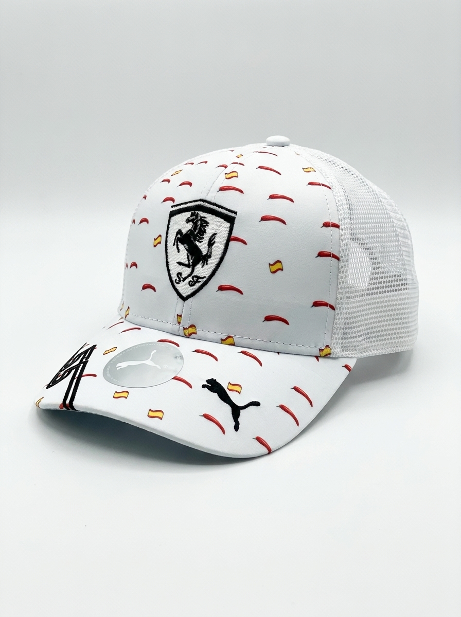 Puma Ferrari Carlos Sainz White Mesh Chili Print Trucker Cap
