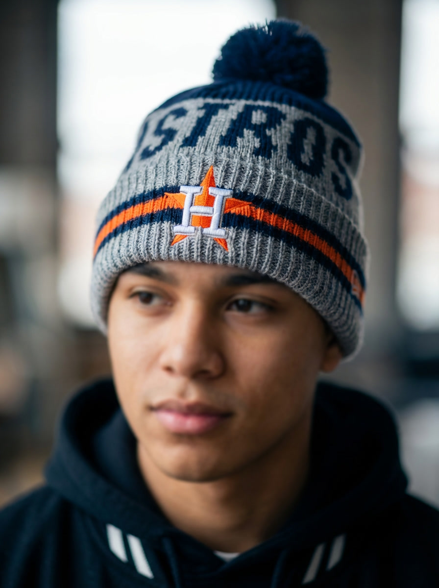 New Era Houston Astros Navy & Grey Knit Pom Beanie