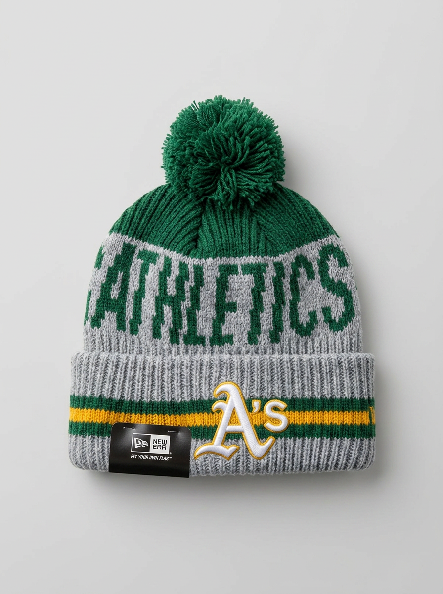 New Era Oakland Athletics Grey and Green Pom Beanie