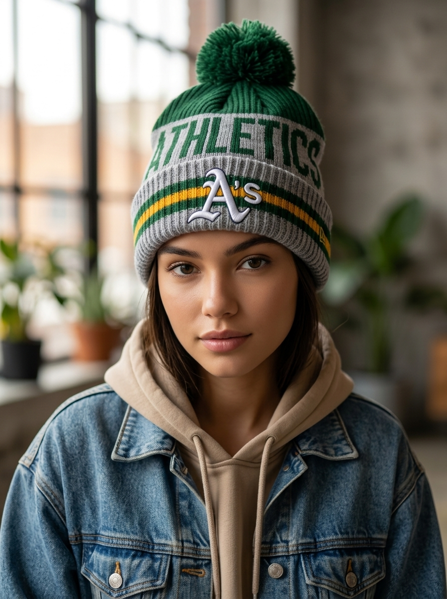 New Era Oakland Athletics Grey and Green Pom Beanie