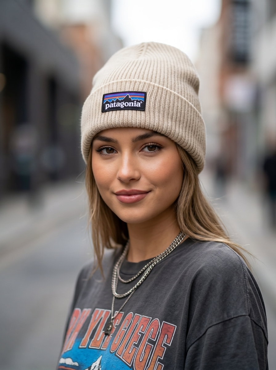 Patagonia Logo Patch Ribbed Beige Beanie
