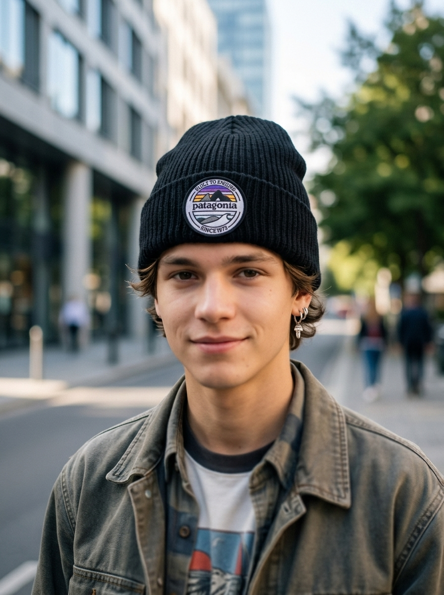 Patagonia Brodeo Black Ribbed Knit Beanie