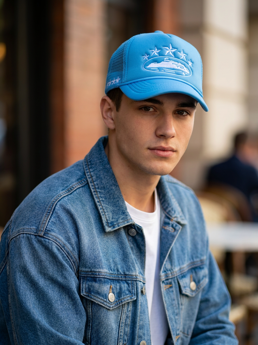 Star Graphic Sky Blue Trucker Hat