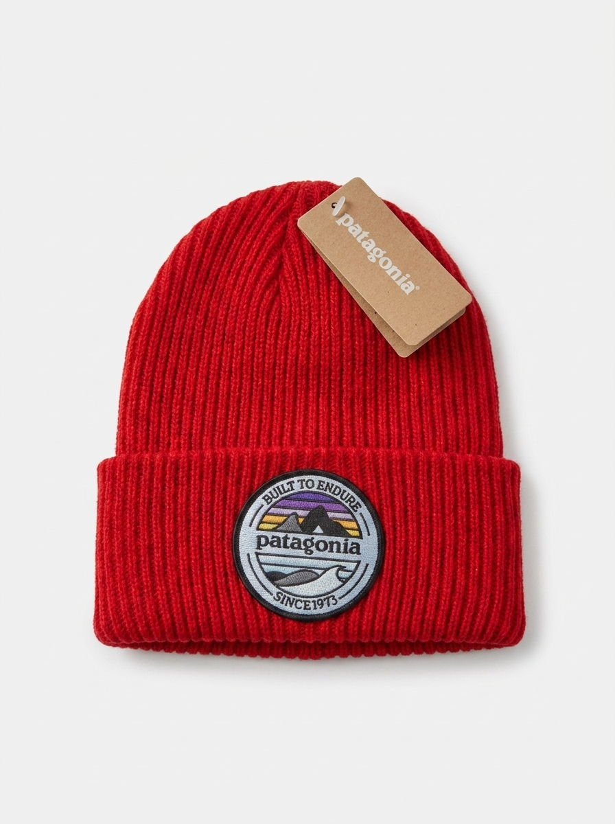 Patagonia Red Ribbed Knit Mountain Patch Cuffed Beanie