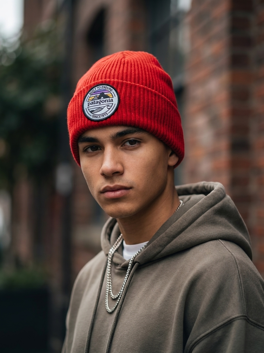 Patagonia Red Ribbed Knit Mountain Patch Cuffed Beanie