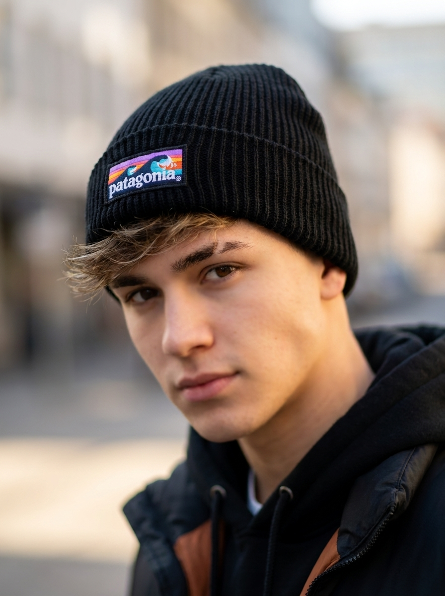 Patagonia Black Graphic Knit Ribbed Beanie