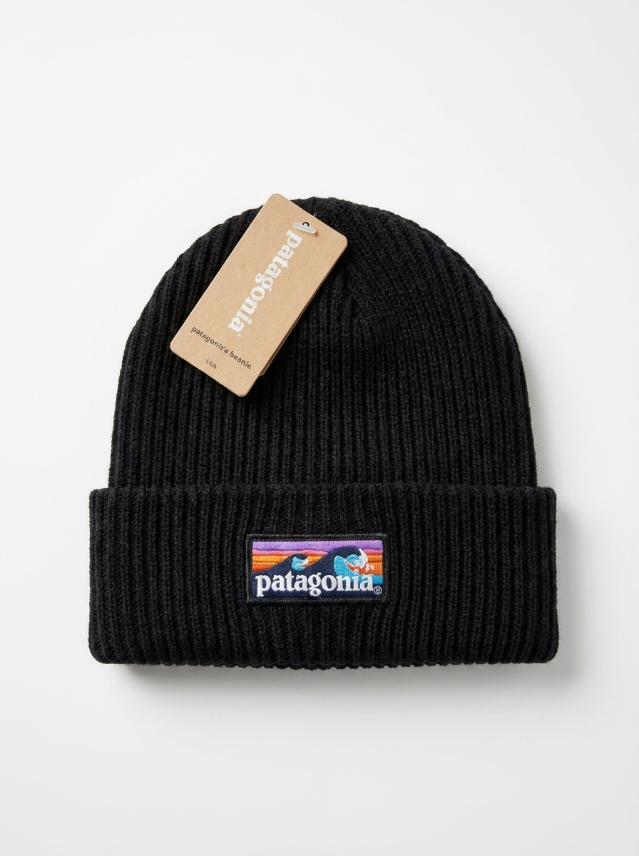 Patagonia Black Graphic Knit Ribbed Beanie