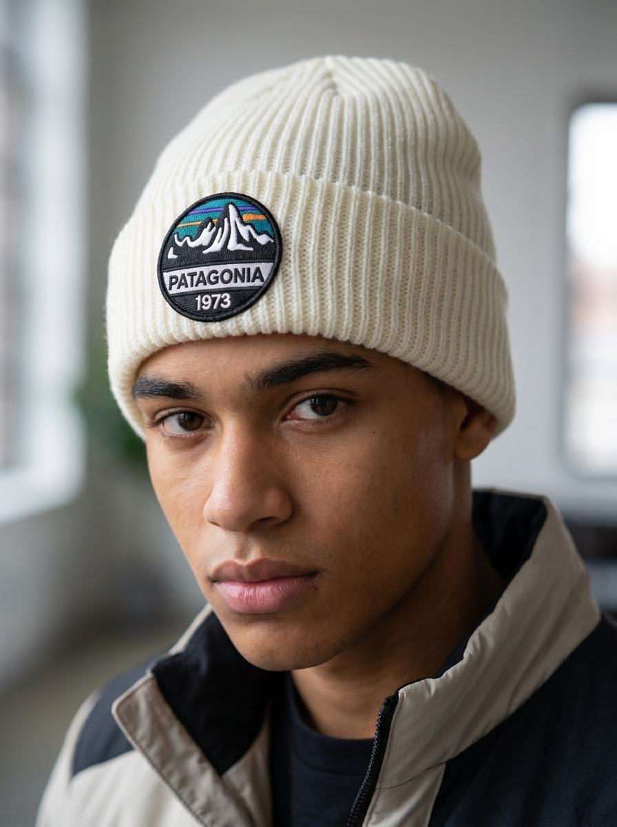 Patagonia 1973 Logo Birch White Ribbed Beanie